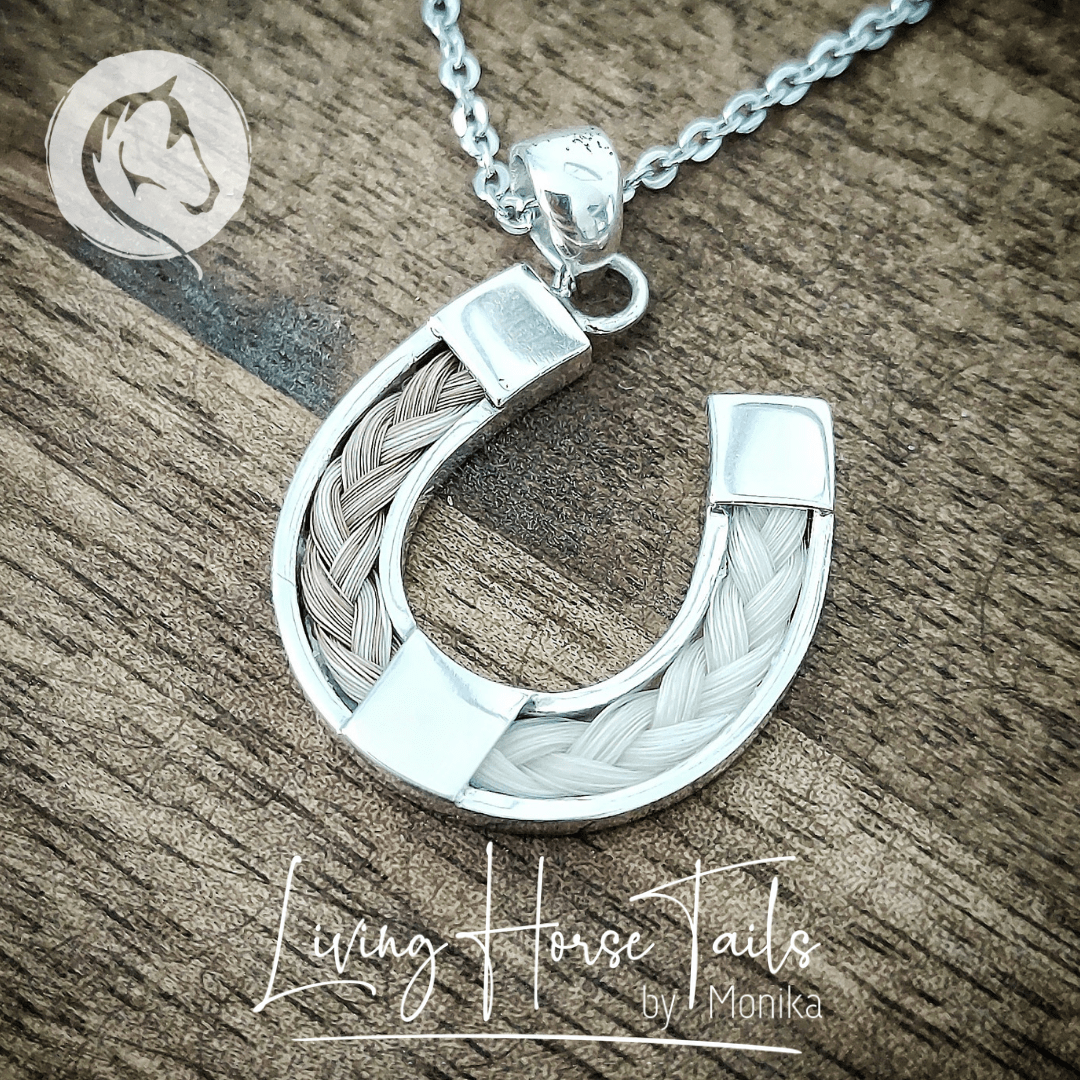 Living Horse Tails Sterling Silver Horseshoe Pendant inlaid with Horse Hair Braid Custom jewellery Monika Australia horsehair keepsake