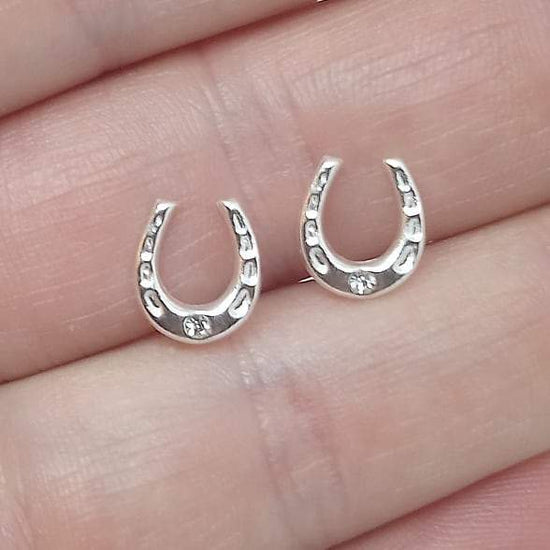 Living Horse Tails Sterling Silver Horseshoe Stud Earrings with Crystal Detail Custom jewellery Monika Australia horsehair keepsake