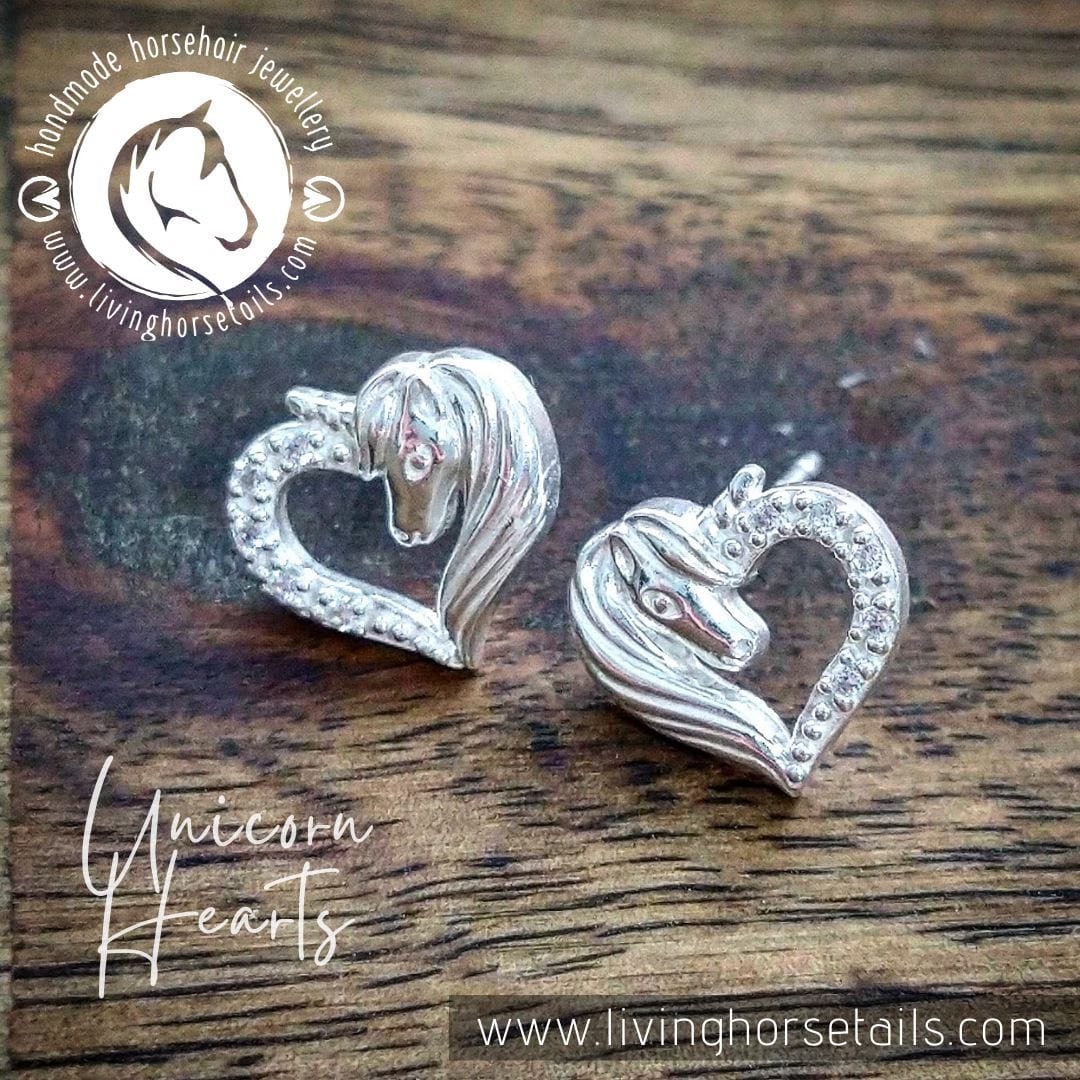 Living Horse Tails Sterling Silver Unicorn Heart Earrings Custom jewellery Monika Australia horsehair keepsake