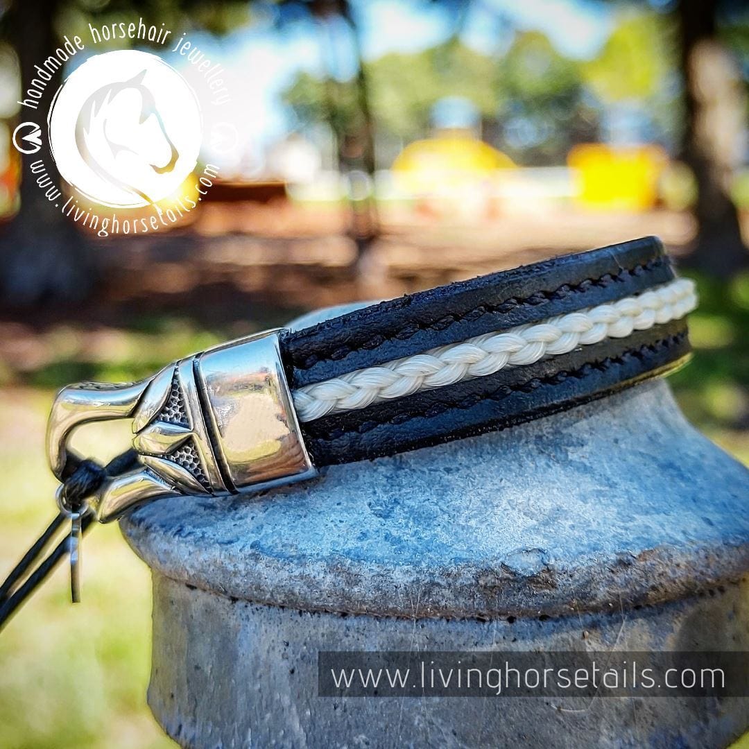 Living Horse Tails Stitched leather stainless steel horsehair unisex men's adjustable bracelet | Style 2 Custom jewellery Monika Australia horsehair keepsake