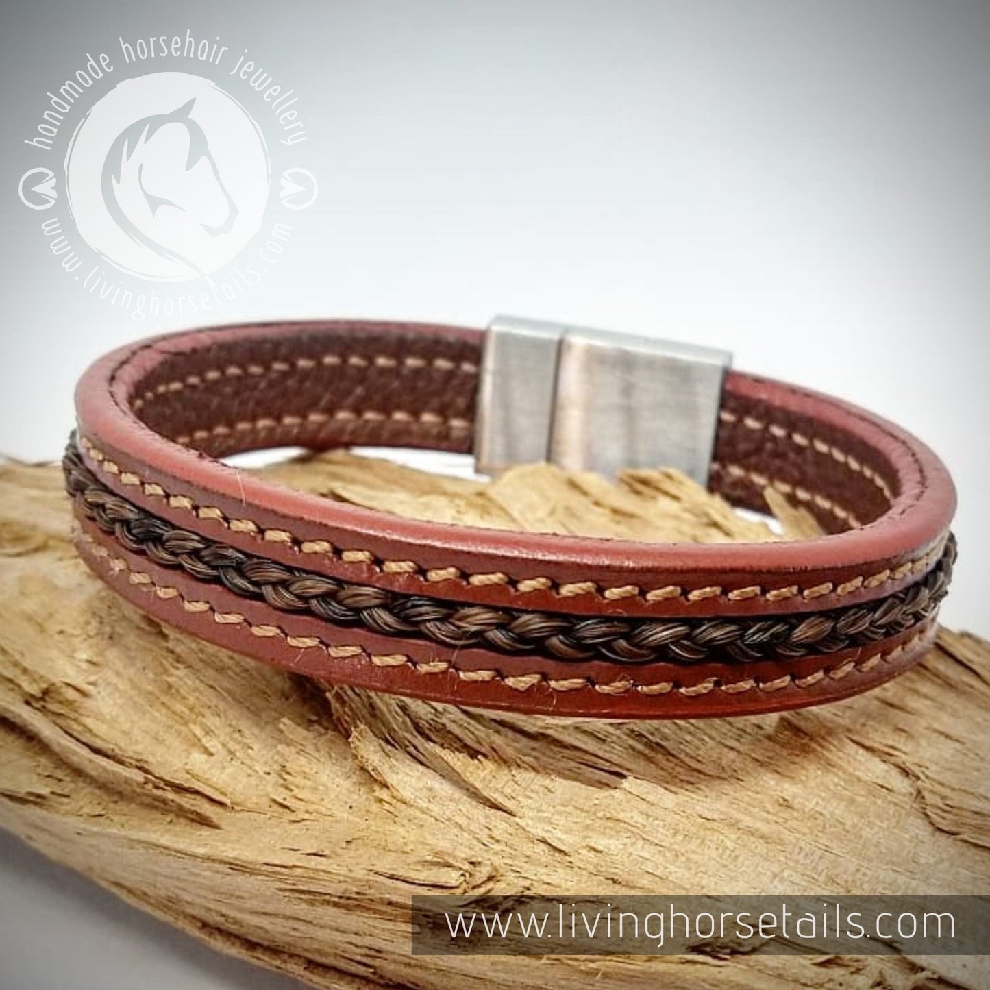 Living Horse Tails Stitched tan leather stainless steel horsehair unisex mens bracelet Custom jewellery Monika Australia horsehair keepsake