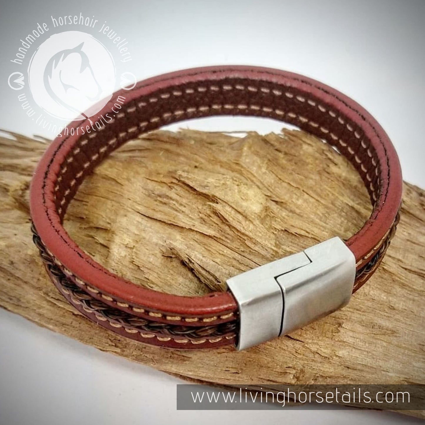 Living Horse Tails Stitched tan leather stainless steel horsehair unisex mens bracelet Custom jewellery Monika Australia horsehair keepsake