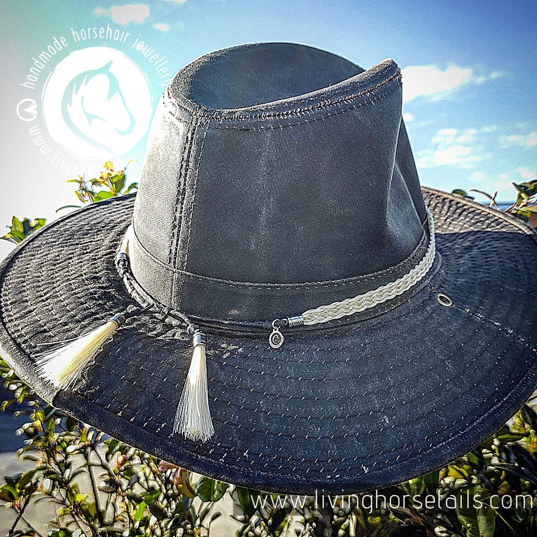 Living Horse Tails Wide Horsehair Braided Hatband with Tassles and Adjustable Waxed Cord Slider Custom jewellery Monika Australia horsehair keepsake