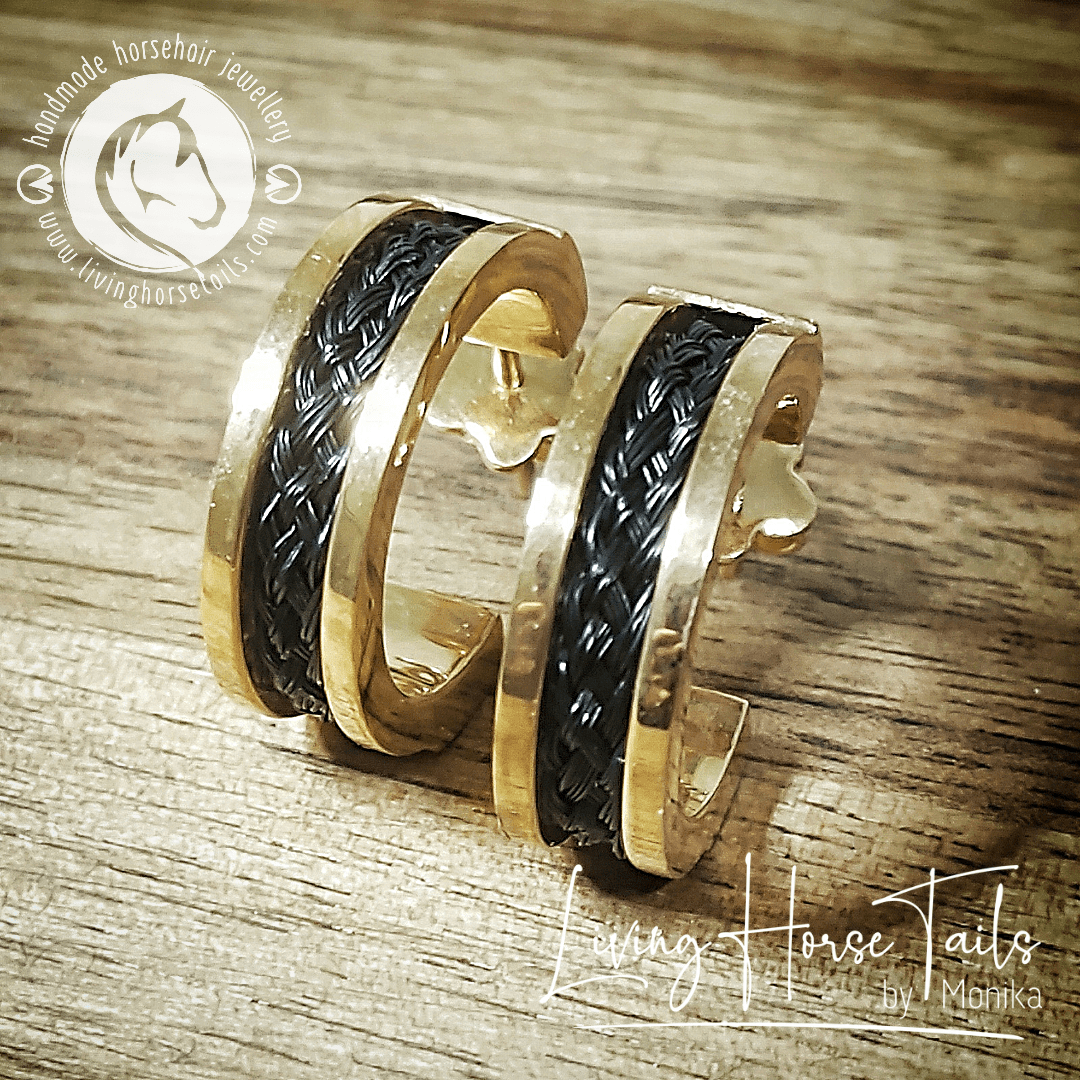 Living Horse Tails Wide Horsehair sleeper style earrings in yellow or rose gold Custom jewellery Monika Australia horsehair keepsake