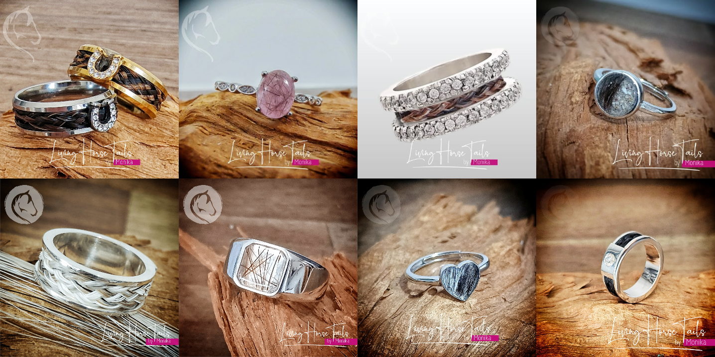 Keepsake and memorial rings with horse, cattle, pet huma hair with diamonds, crystals, turquoise opals and resin