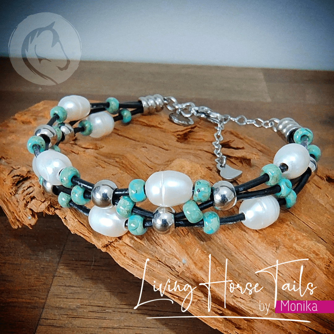 Epona Creations | by Monika - Jewellery and Design Freshwater Pearl and Sea Green Glass Beaded Leather Bracelet Custom jewellery Monika Australia horsehair keepsake