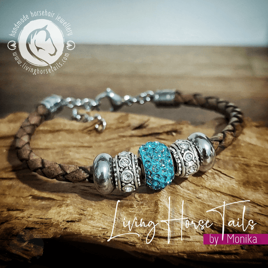 Living Horse Tails Blue / Turquoise beaded leather bracelet Custom jewellery Monika Australia horsehair keepsake