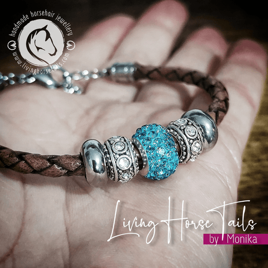 Living Horse Tails Blue / Turquoise beaded leather bracelet Custom jewellery Monika Australia horsehair keepsake