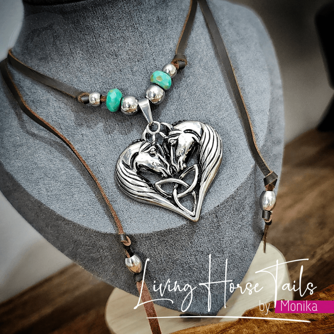 Living Horse Tails Boho Beaded Celtic Heart Horse Leather Necklace Custom jewellery Monika Australia horsehair keepsake
