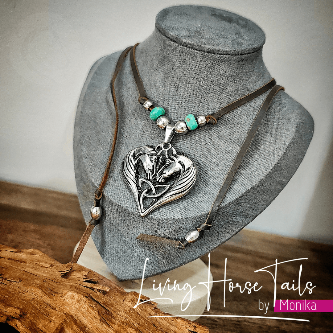 Living Horse Tails Boho Beaded Celtic Heart Horse Leather Necklace Custom jewellery Monika Australia horsehair keepsake