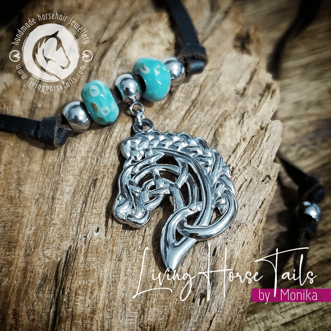 Load image into Gallery viewer, Living Horse Tails Boho Celtic Horse Leather Necklace with Turquoise &amp;amp; Silver look Beads Custom jewellery Monika Australia horsehair keepsake
