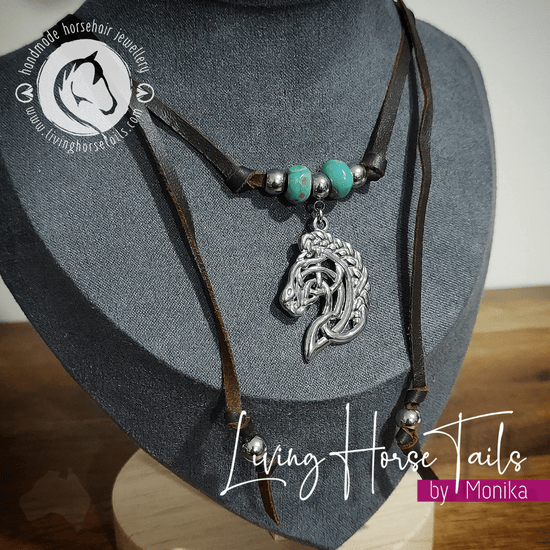 Load image into Gallery viewer, Living Horse Tails Boho Celtic Horse Leather Necklace with Turquoise &amp;amp; Silver look Beads Custom jewellery Monika Australia horsehair keepsake
