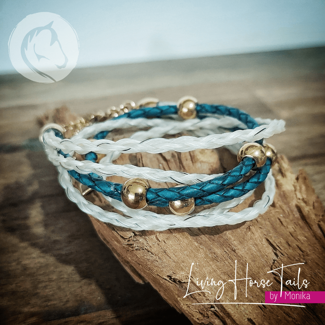 Living Horse Tails Boho Gold Style Horsehair and Turquoise Leather Wrap Bracelet Custom jewellery Monika Australia horsehair keepsake