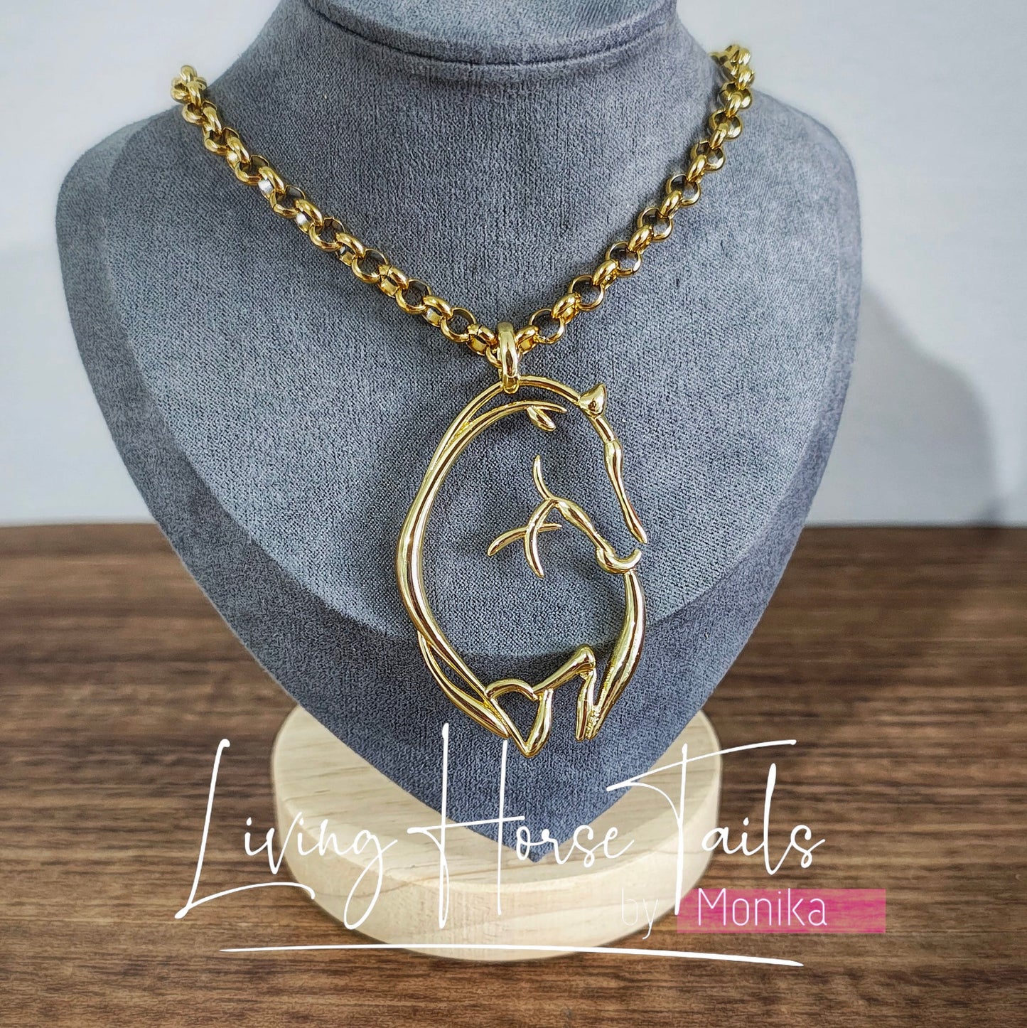 Living Horse Tails Bold Gold Horse Necklace Custom jewellery Monika Australia horsehair keepsake