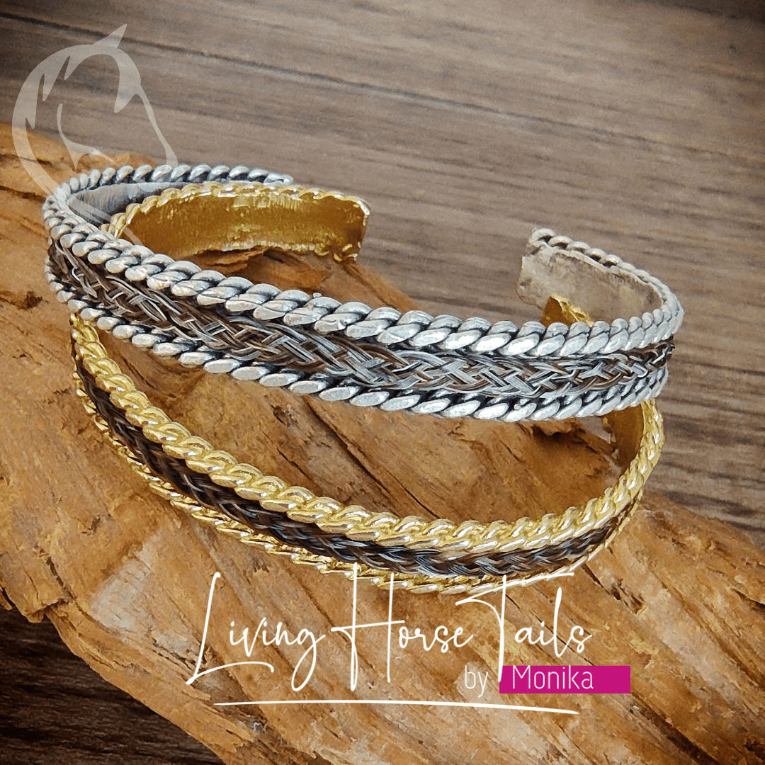 Living Horse Tails Brass cuff bangle with rope detail Custom jewellery Monika Australia horsehair keepsake