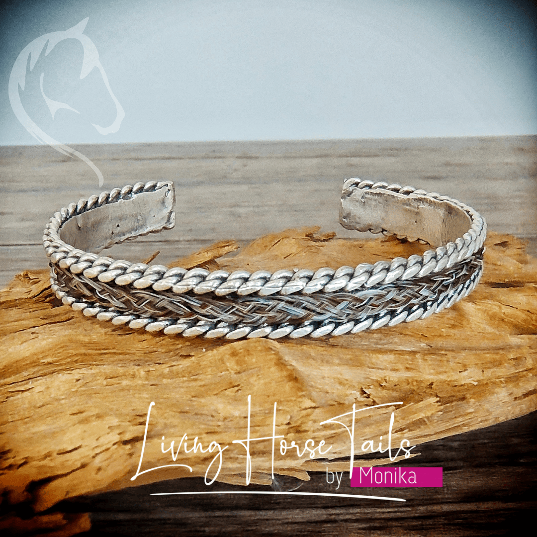 Living Horse Tails Brass cuff bangle with rope detail Custom jewellery Monika Australia horsehair keepsake