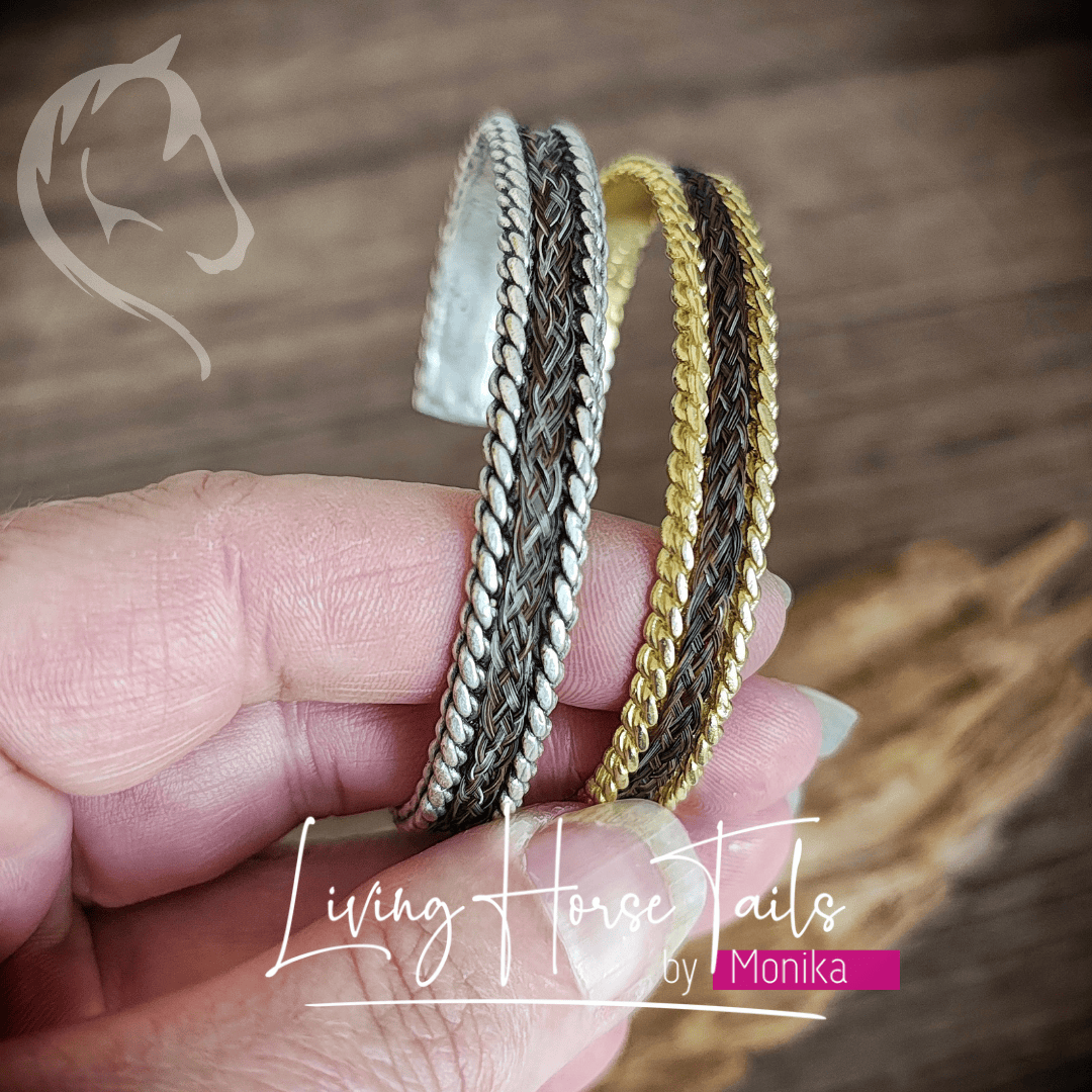 Living Horse Tails Brass cuff bangle with rope detail Custom jewellery Monika Australia horsehair keepsake