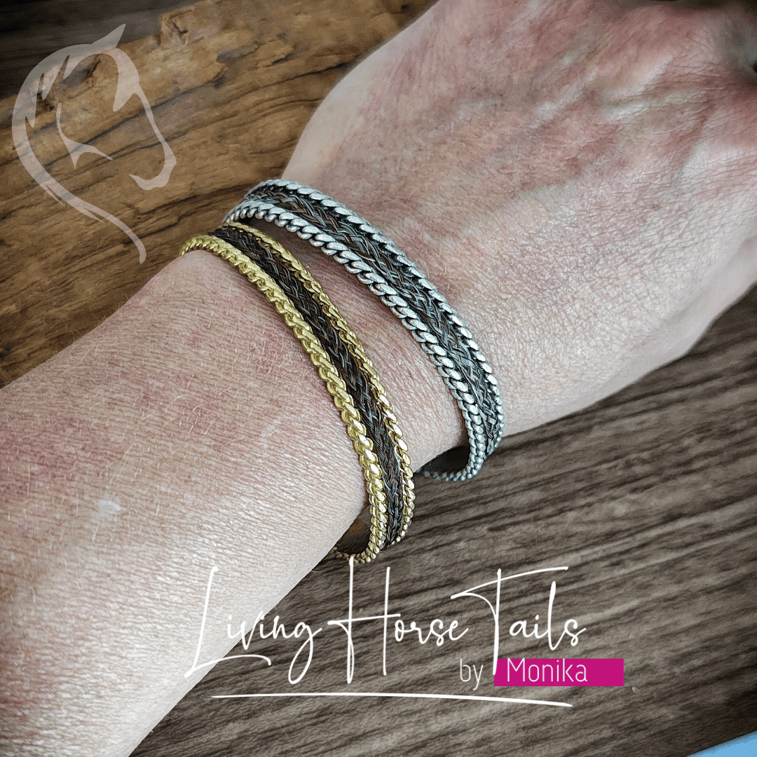 Living Horse Tails Brass cuff bangle with rope detail Custom jewellery Monika Australia horsehair keepsake