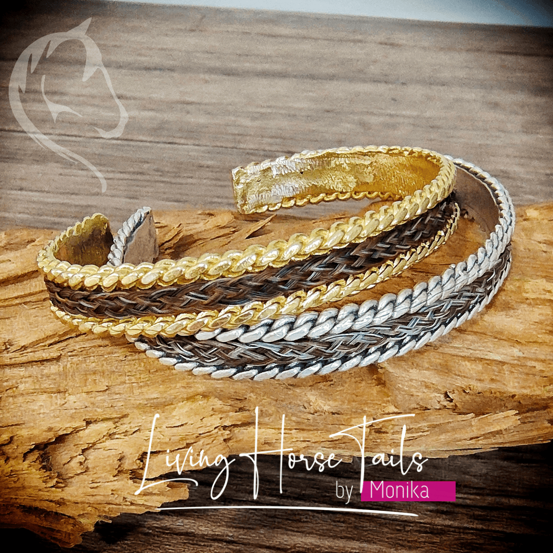 Living Horse Tails Brass cuff bangle with rope detail Custom jewellery Monika Australia horsehair keepsake