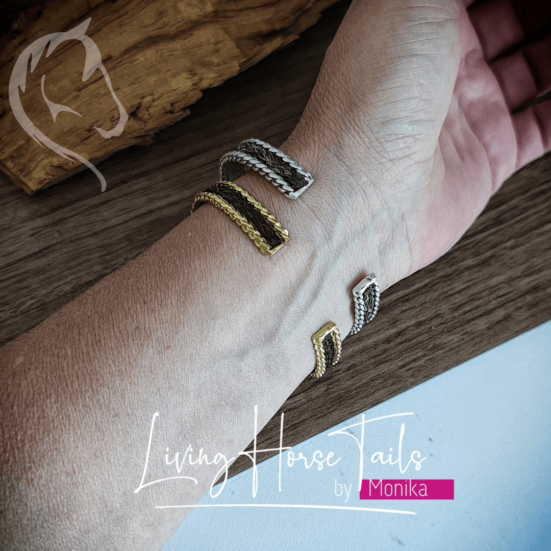 Living Horse Tails Brass cuff bangle with rope detail Custom jewellery Monika Australia horsehair keepsake