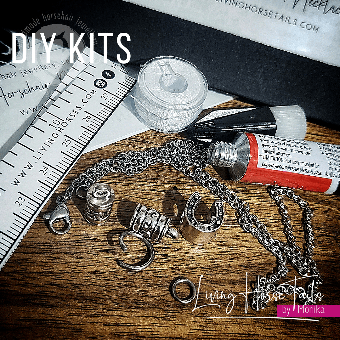Living Horse Tails DIY Activity Kit for Horsehair Bracelets (x2) and Keyrings (x2) Turquoise Bling Custom jewellery Monika Australia horsehair keepsake