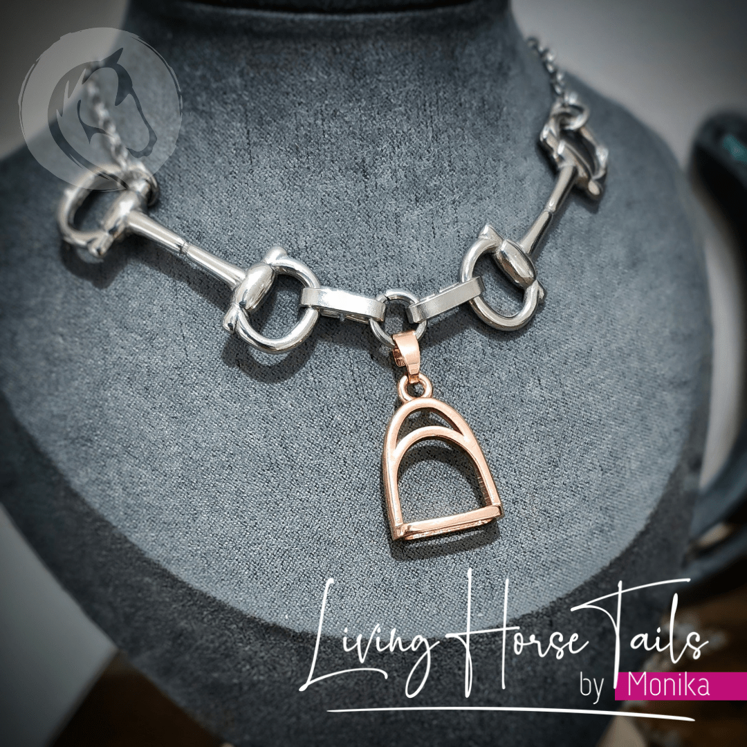 Living Horse Tails Equestrian Snaffle Bit and Stirrup Necklace Custom jewellery Monika Australia horsehair keepsake