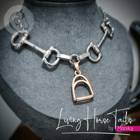 Living Horse Tails Equestrian Snaffle Bit and Stirrup Necklace Custom jewellery Monika Australia horsehair keepsake