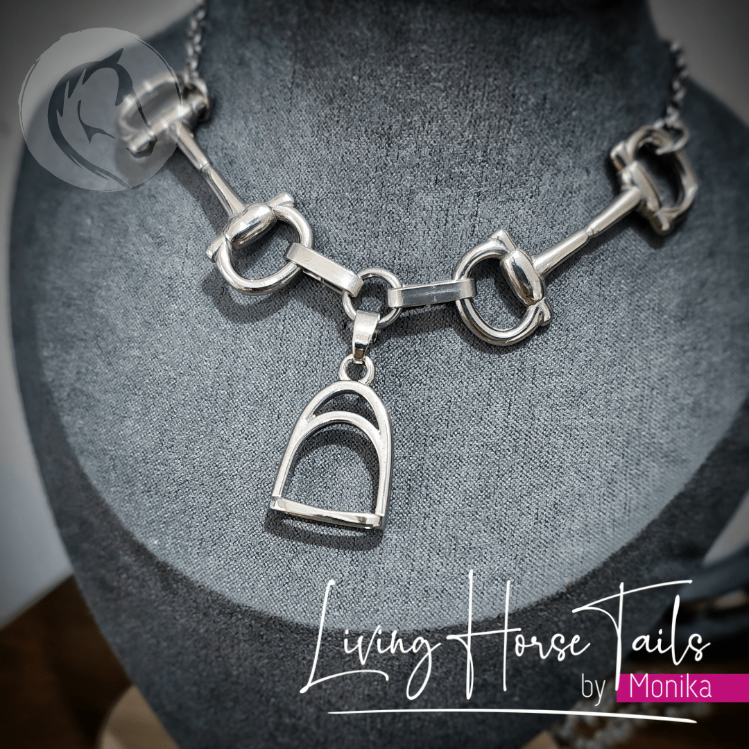 Living Horse Tails Equestrian Snaffle Bit and Stirrup Necklace Custom jewellery Monika Australia horsehair keepsake