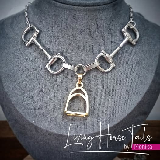 Living Horse Tails Equestrian Snaffle Bit and Stirrup Necklace Custom jewellery Monika Australia horsehair keepsake