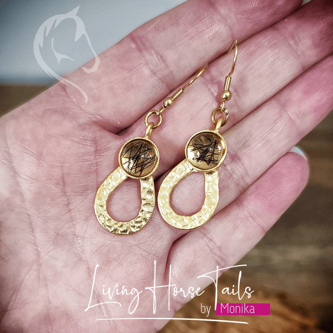 Living Horse Tails Gold tone keepsake earrings Custom jewellery Monika Australia horsehair keepsake