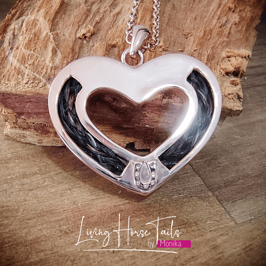 Living Horse Tails Heart and Horseshoe Pendant inlaid with Horsehair Braid Custom jewellery Monika Australia horsehair keepsake