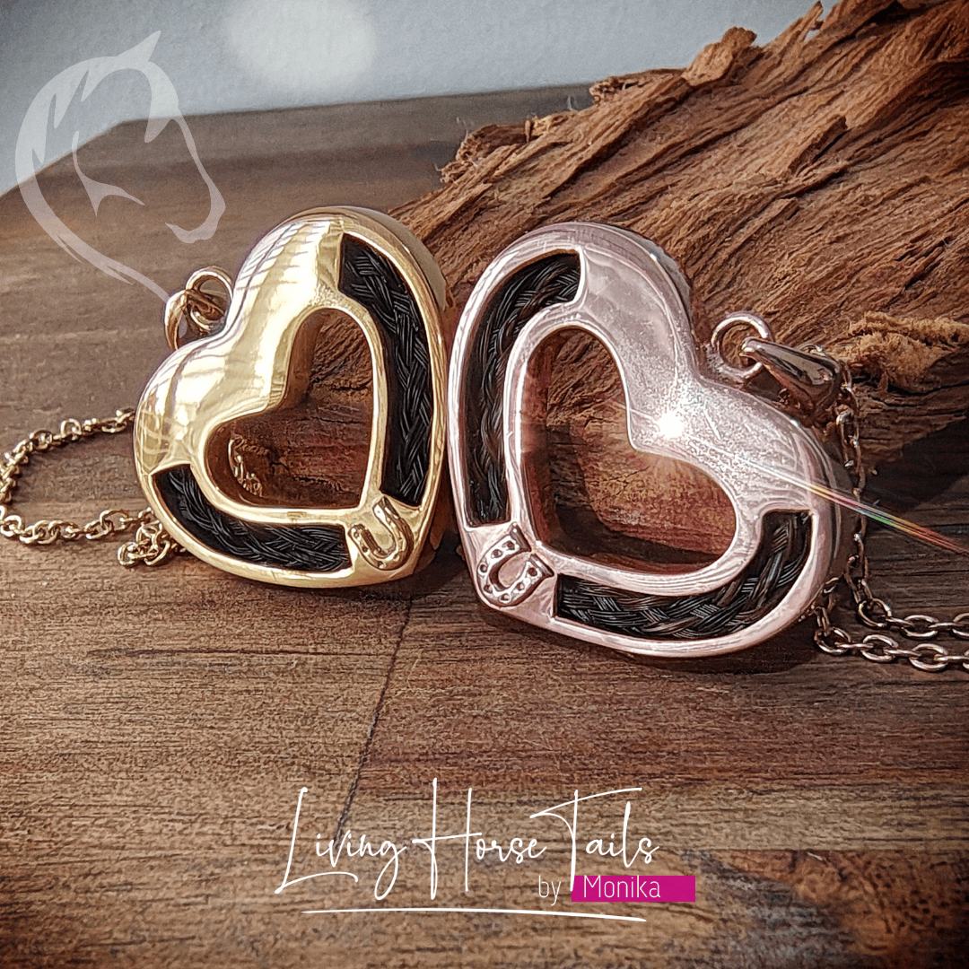 Living Horse Tails Heart and Horseshoe Pendant inlaid with Horsehair Braid Custom jewellery Monika Australia horsehair keepsake