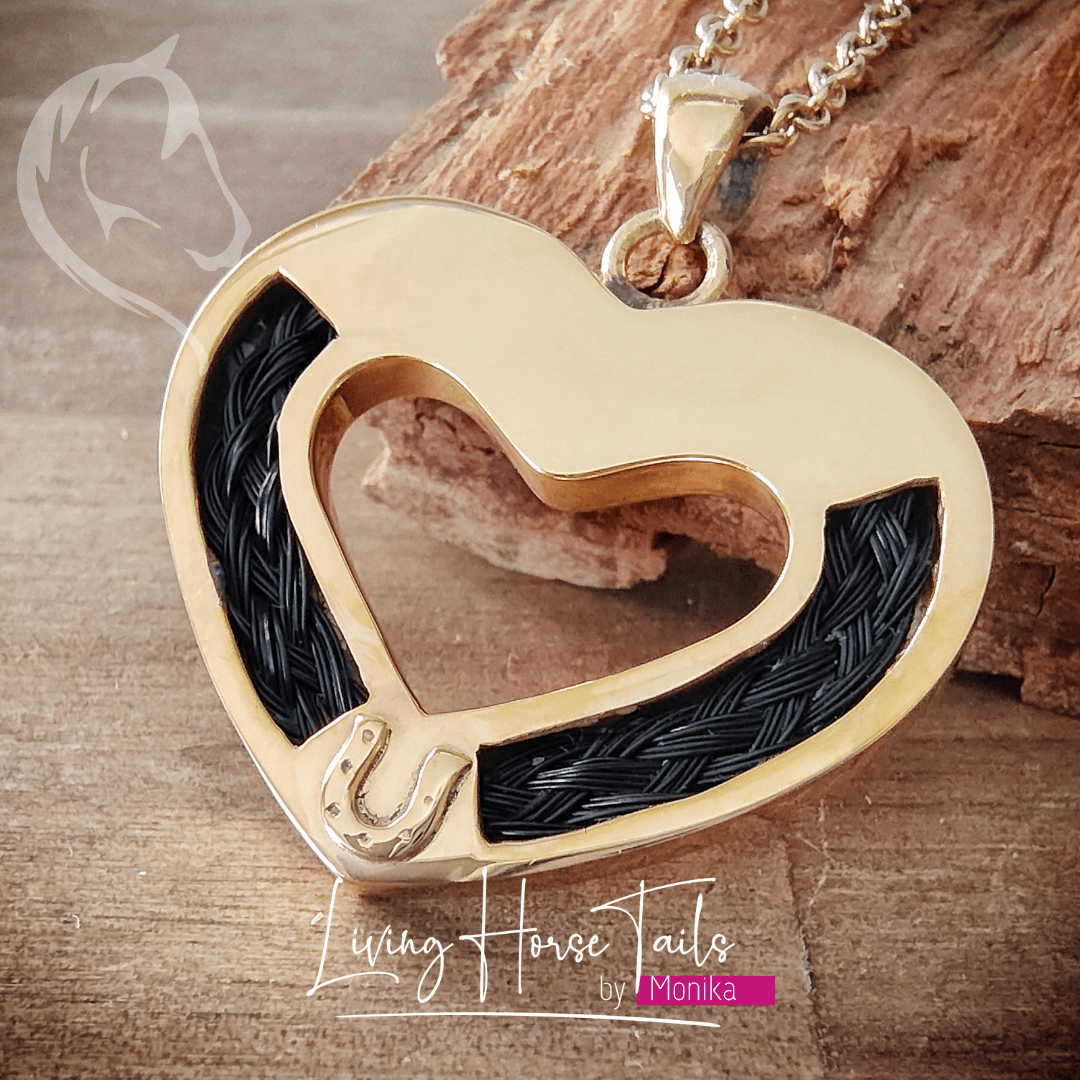 Living Horse Tails Heart and Horseshoe Pendant inlaid with Horsehair Braid Custom jewellery Monika Australia horsehair keepsake