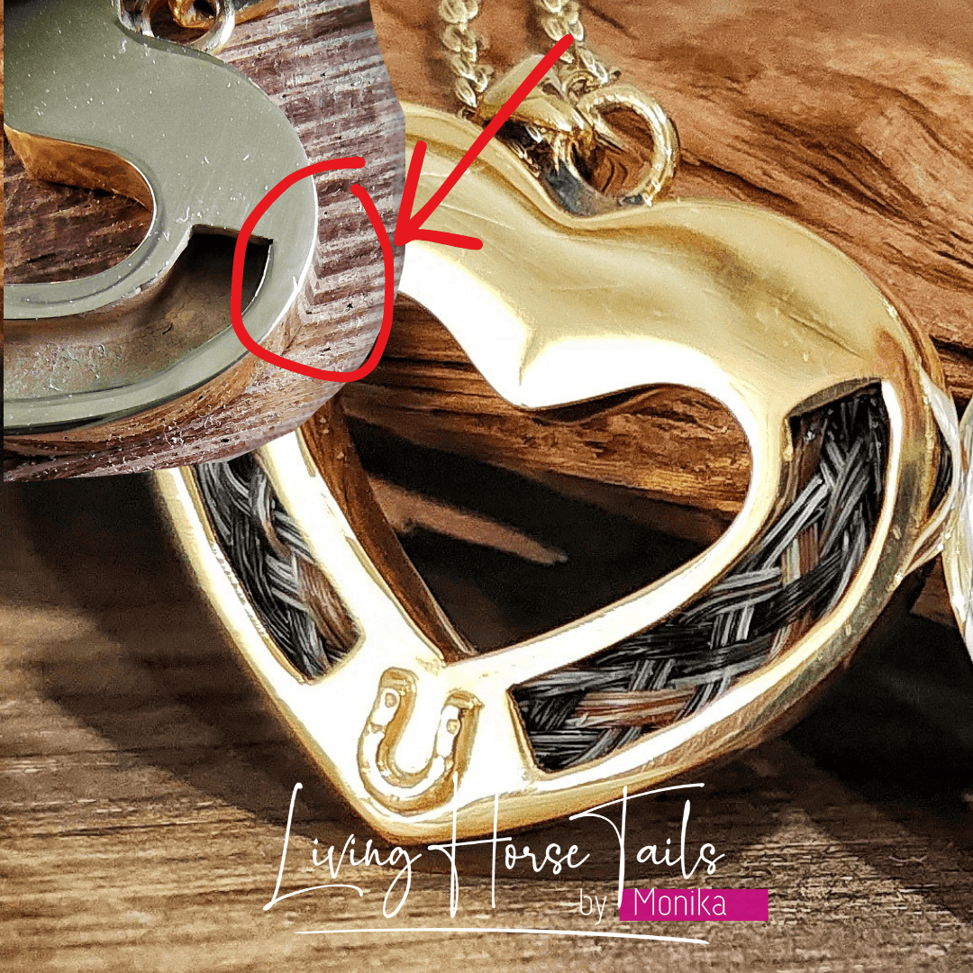 Living Horse Tails Heart and Horseshoe Pendant inlaid with Horsehair Braid Custom jewellery Monika Australia horsehair keepsake