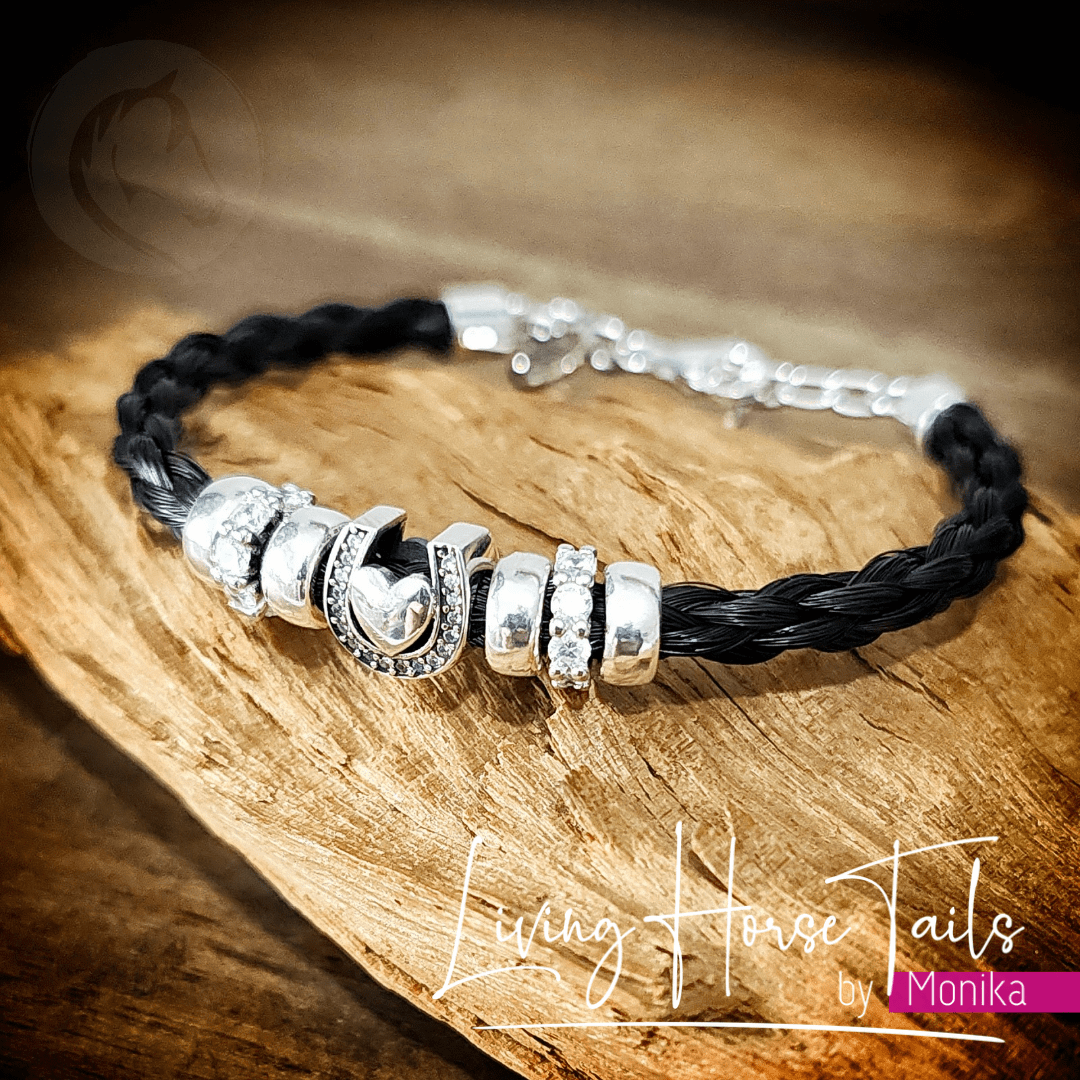 Living Horse Tails Heart in Horseshoe Sterling Silver Horsehair bracelet Custom jewellery Monika Australia horsehair keepsake