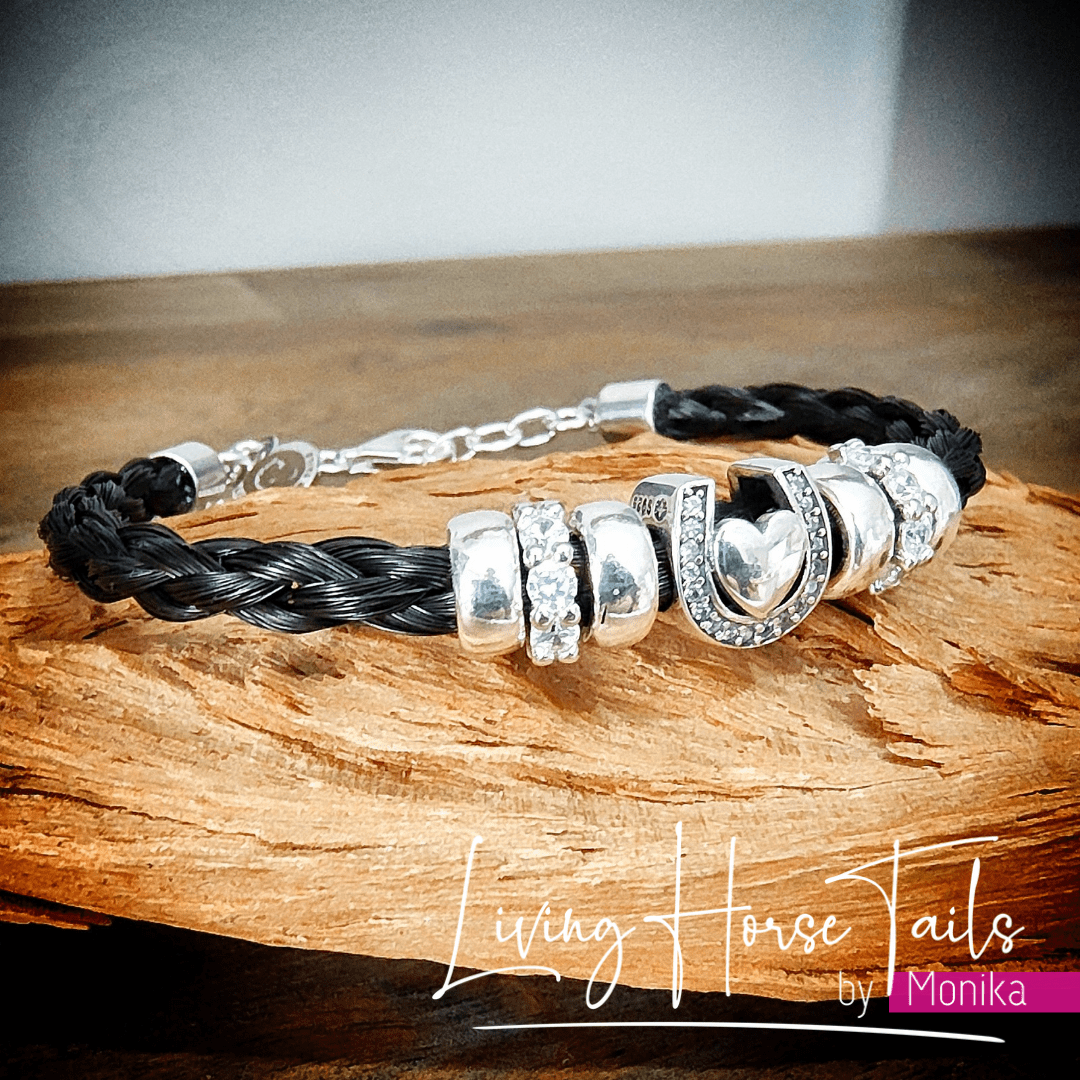 Living Horse Tails Heart in Horseshoe Sterling Silver Horsehair bracelet Custom jewellery Monika Australia horsehair keepsake