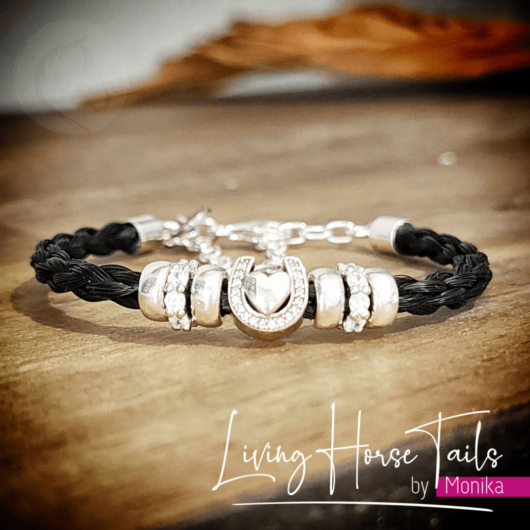 Living Horse Tails Heart in Horseshoe Sterling Silver Horsehair bracelet Custom jewellery Monika Australia horsehair keepsake