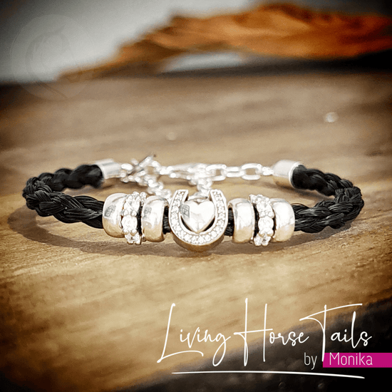 Living Horse Tails Heart in Horseshoe Sterling Silver Horsehair bracelet Custom jewellery Monika Australia horsehair keepsake