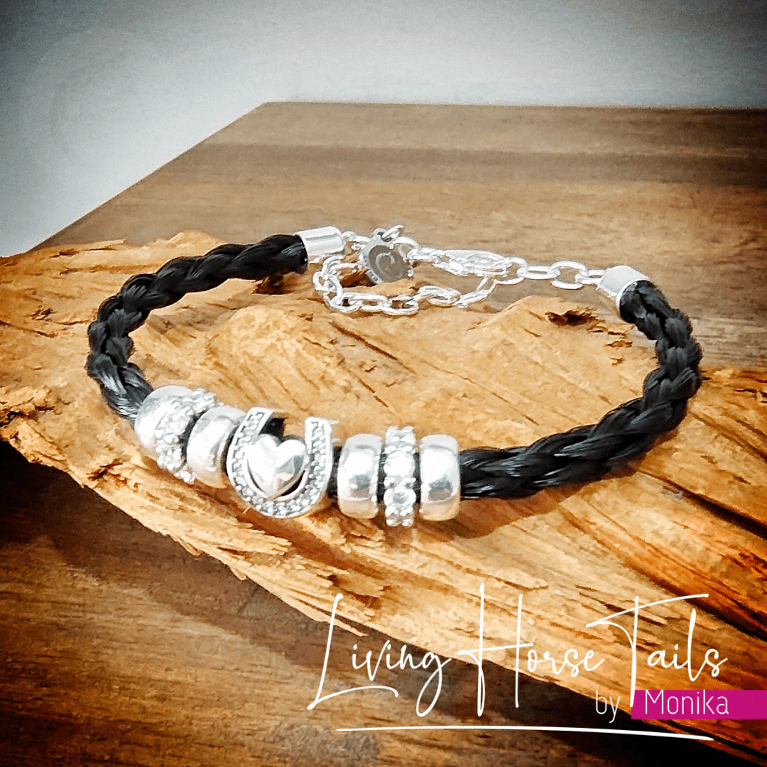 Living Horse Tails Heart in Horseshoe Sterling Silver Horsehair bracelet Custom jewellery Monika Australia horsehair keepsake