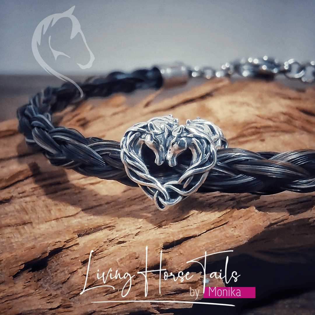 Living Horse Tails Horsehair Bracelet in Sterling Silver with Heart and Horseshoe or Horse Heart Bead Custom jewellery Monika Australia horsehair keepsake