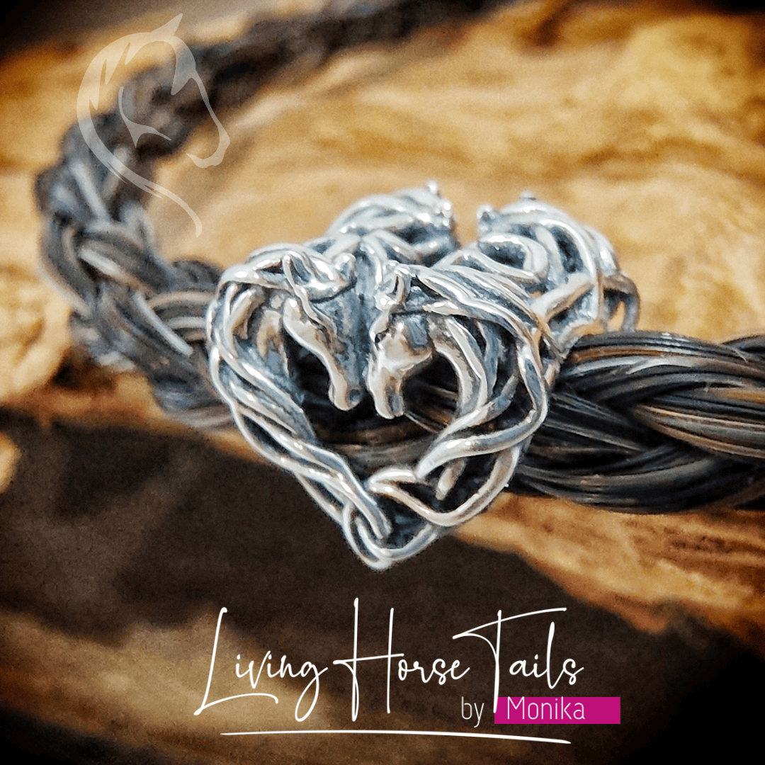 Living Horse Tails Horsehair Bracelet in Sterling Silver with Heart and Horseshoe or Horse Heart Bead Custom jewellery Monika Australia horsehair keepsake