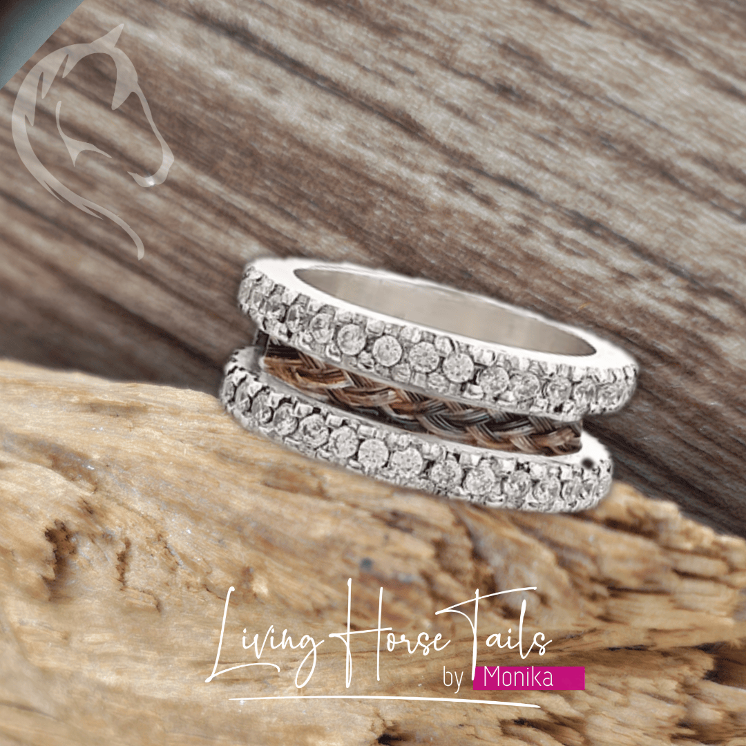 Living Horse Tails Horsehair inlayed ring with CZ Custom jewellery Monika Australia horsehair keepsake