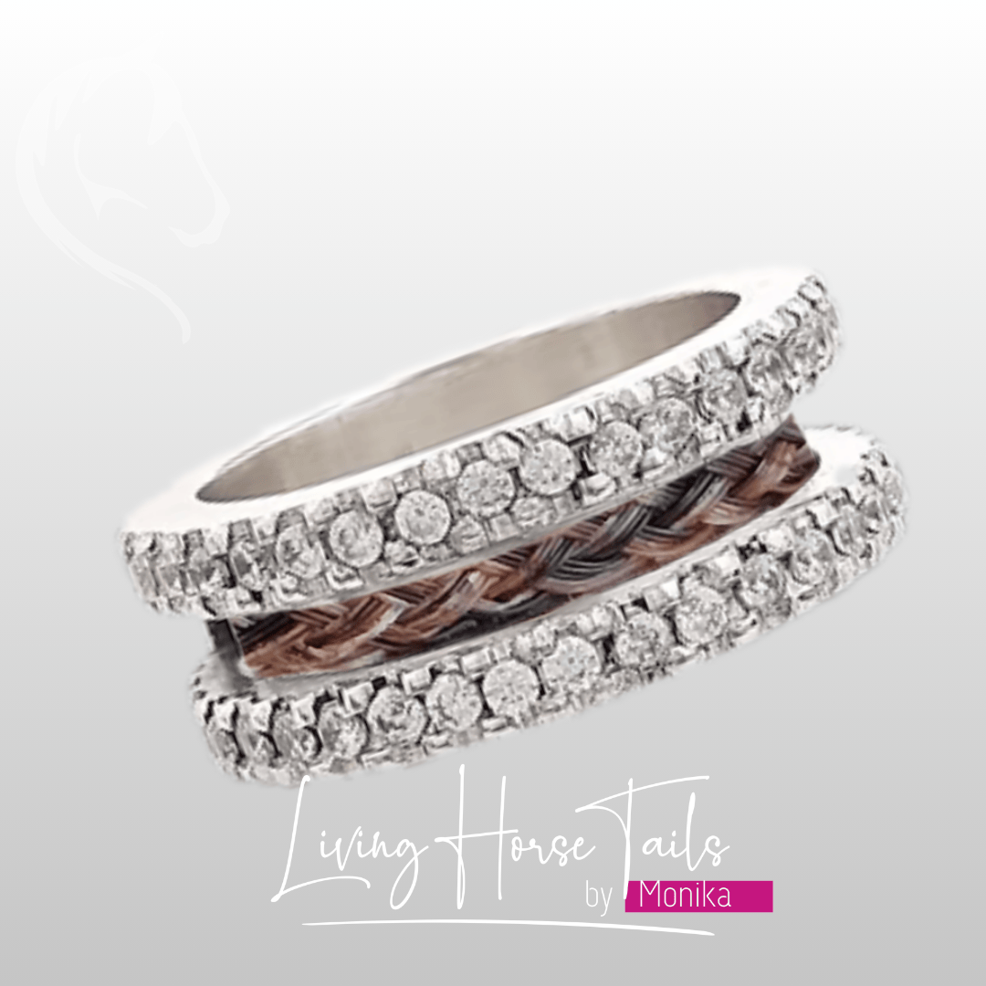 Living Horse Tails Horsehair inlayed ring with CZ Custom jewellery Monika Australia horsehair keepsake