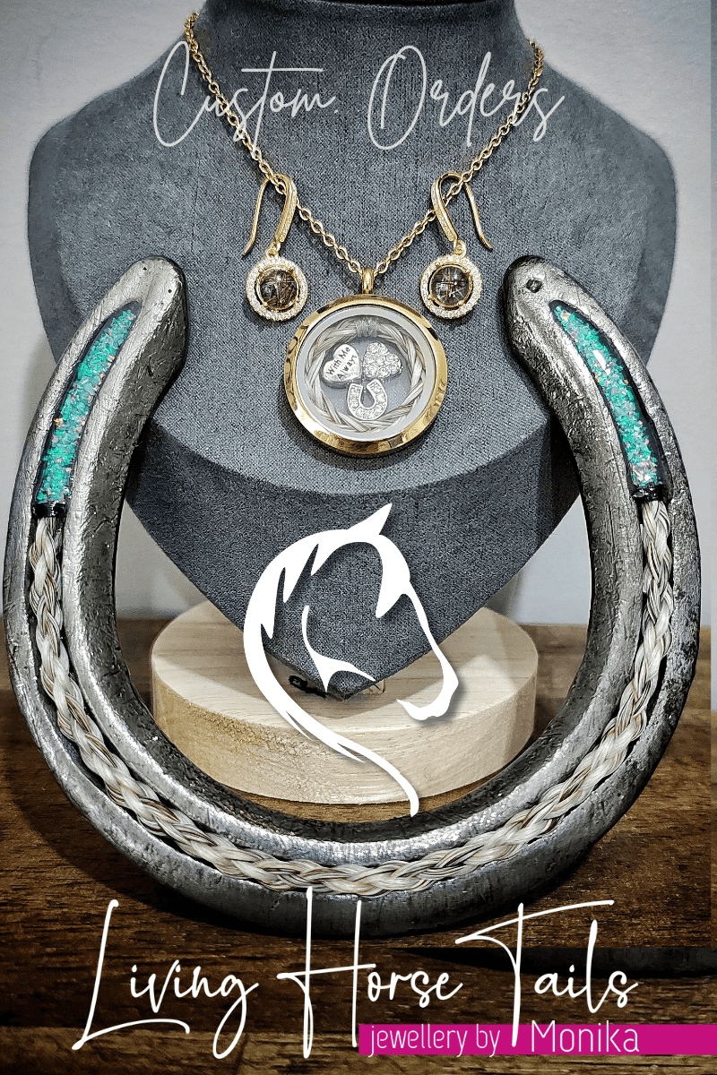 Living Horse Tails Horseshoe Memorial Keepsake with Horsehair Custom jewellery Monika Australia horsehair keepsake