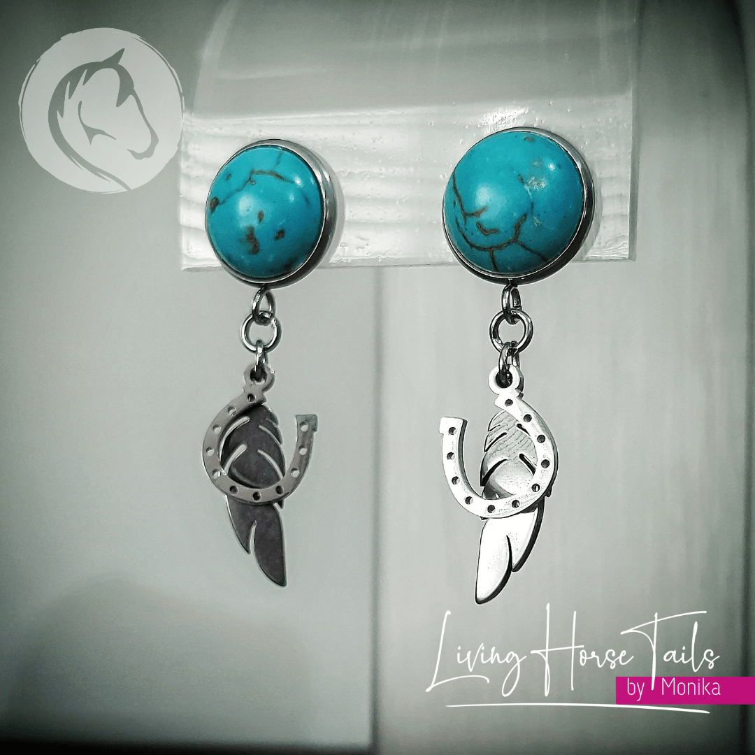 Living Horse Tails Horseshoe, wings and Turquoise Earrings Custom jewellery Monika Australia horsehair keepsake