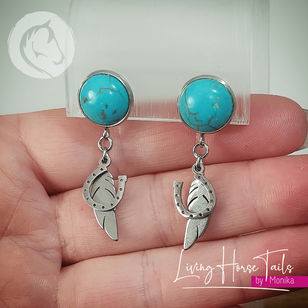 Living Horse Tails Horseshoe, wings and Turquoise Earrings Custom jewellery Monika Australia horsehair keepsake