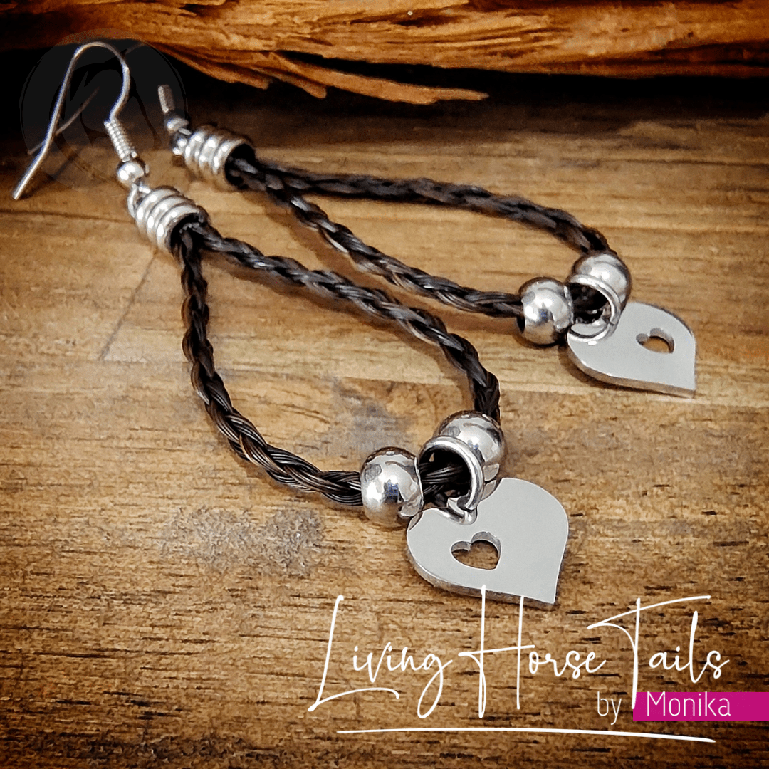 Living Horse Tails Love heart braided Horsehair earrings Custom jewellery Monika Australia horsehair keepsake