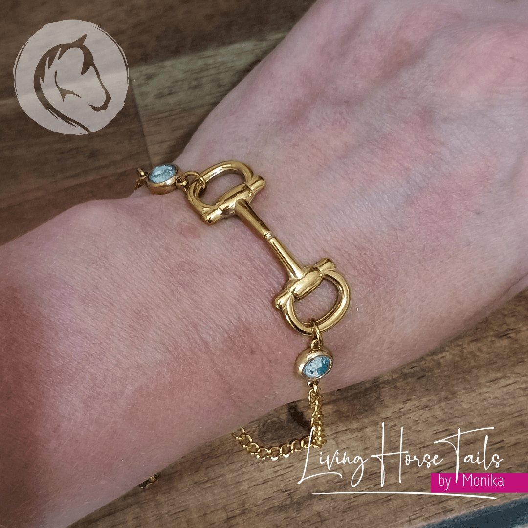 Living Horse Tails Stainless Steel Equestrian Snaffle Bit Bracelet with crystals Custom jewellery Monika Australia horsehair keepsake