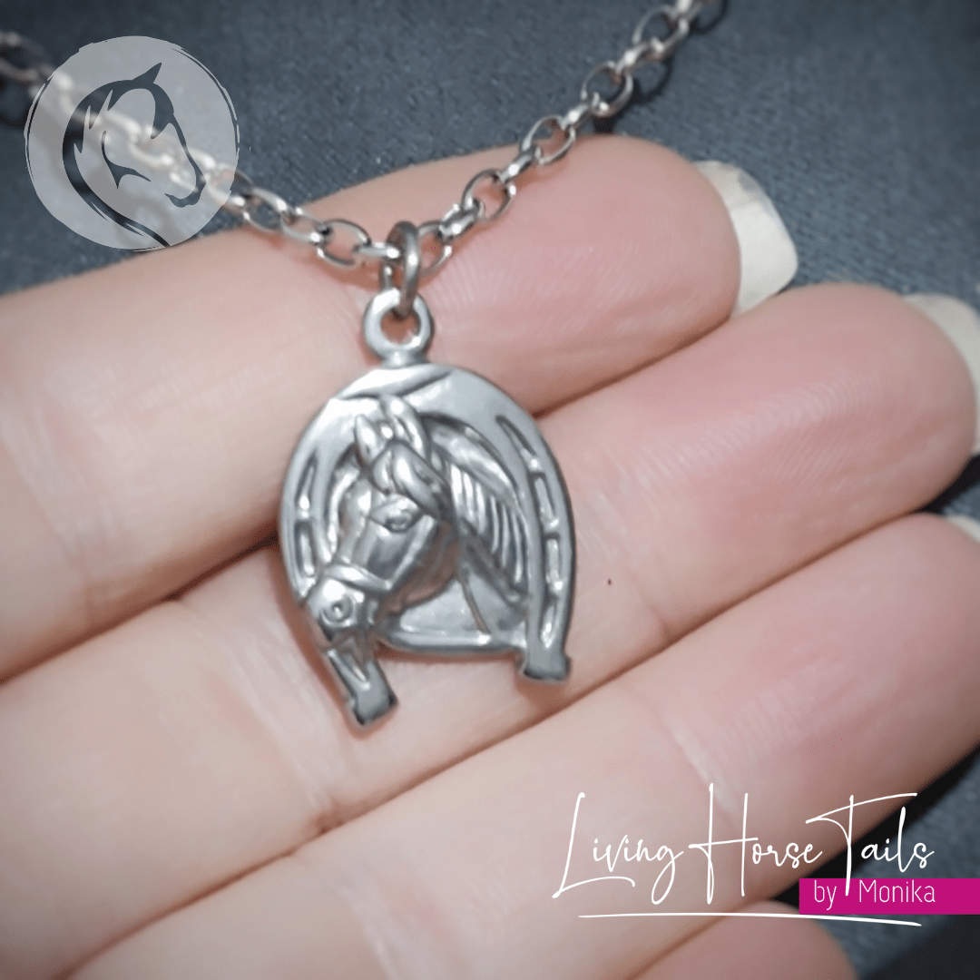 Stainless Steel Horse in Horseshoe Necklace Living Horse Tails