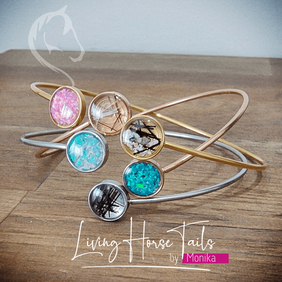 Living Horse Tails Stainless steel keepsake cuff bangle with opal Custom jewellery Monika Australia horsehair keepsake